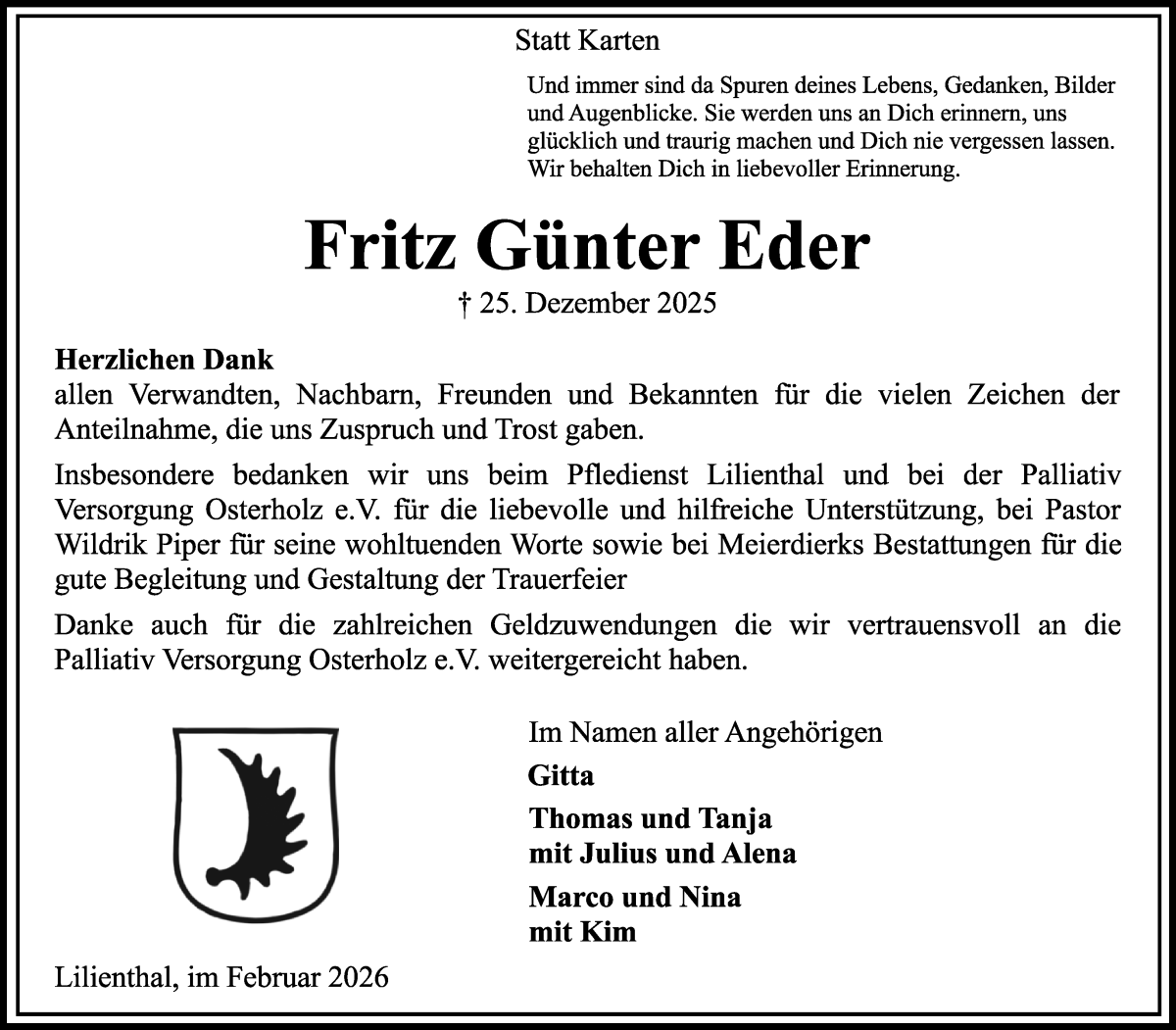 Traueranzeige von Fritz Günter Eder von Wuemme Zeitung