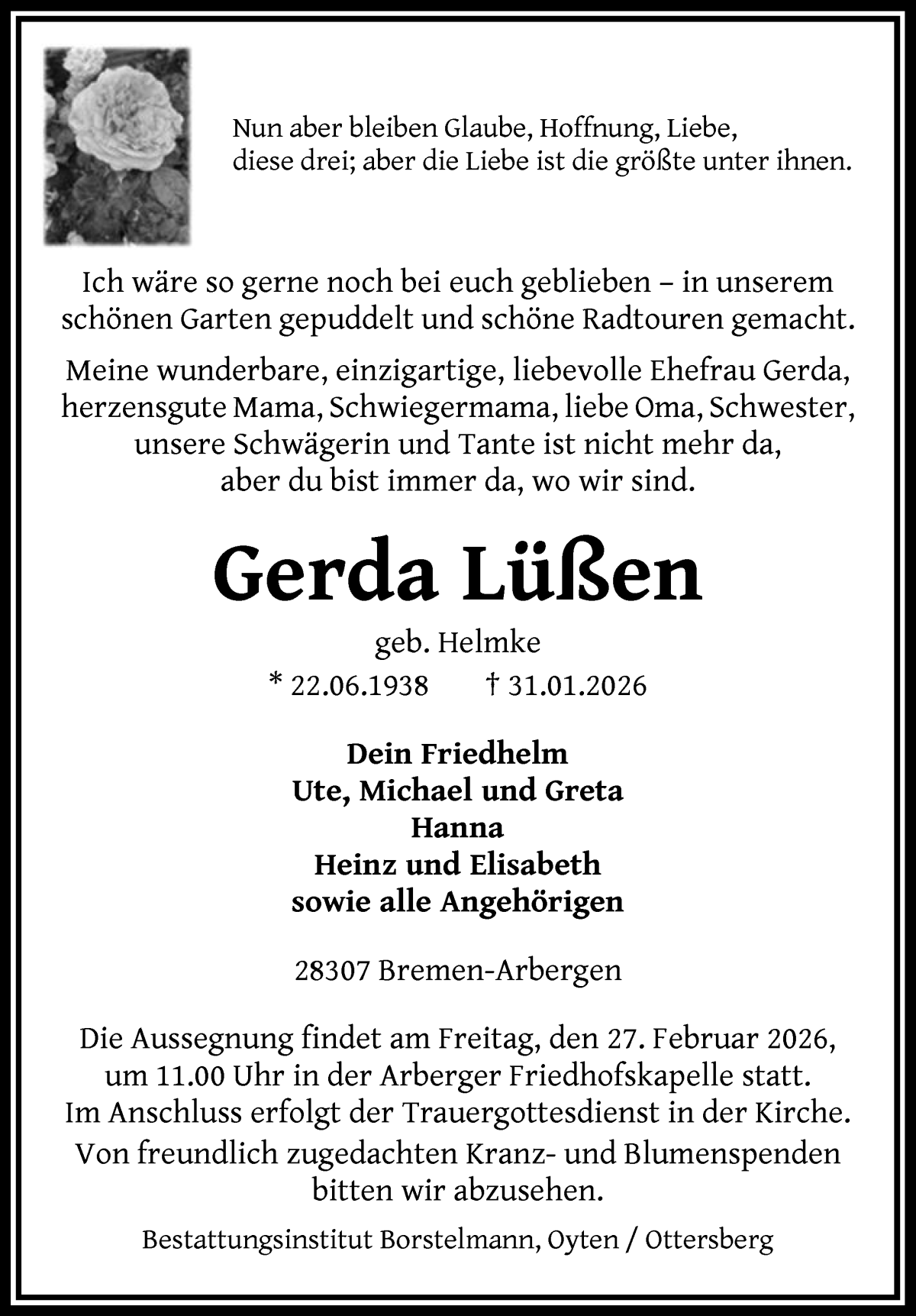  Traueranzeige für Gerda Lüßen vom 21.02.2026 aus WESER-KURIER