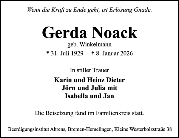 Traueranzeige von Gerda Noack von WESER-KURIER