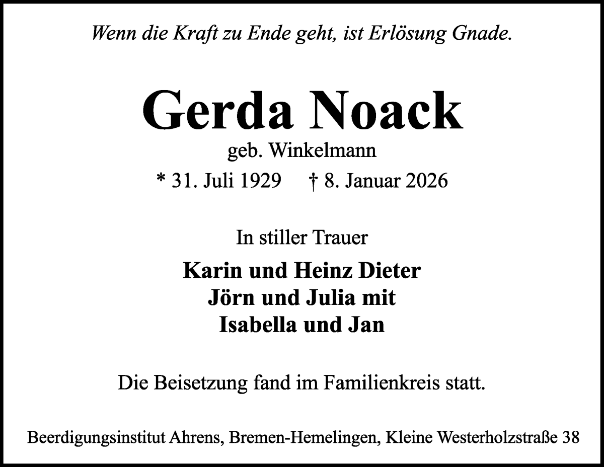 Traueranzeige von Gerda Noack von WESER-KURIER
