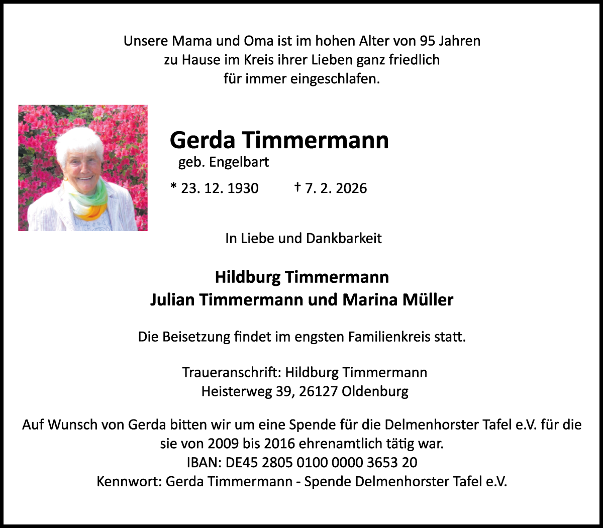 Traueranzeige von Gerda Timmermann von WESER-KURIER