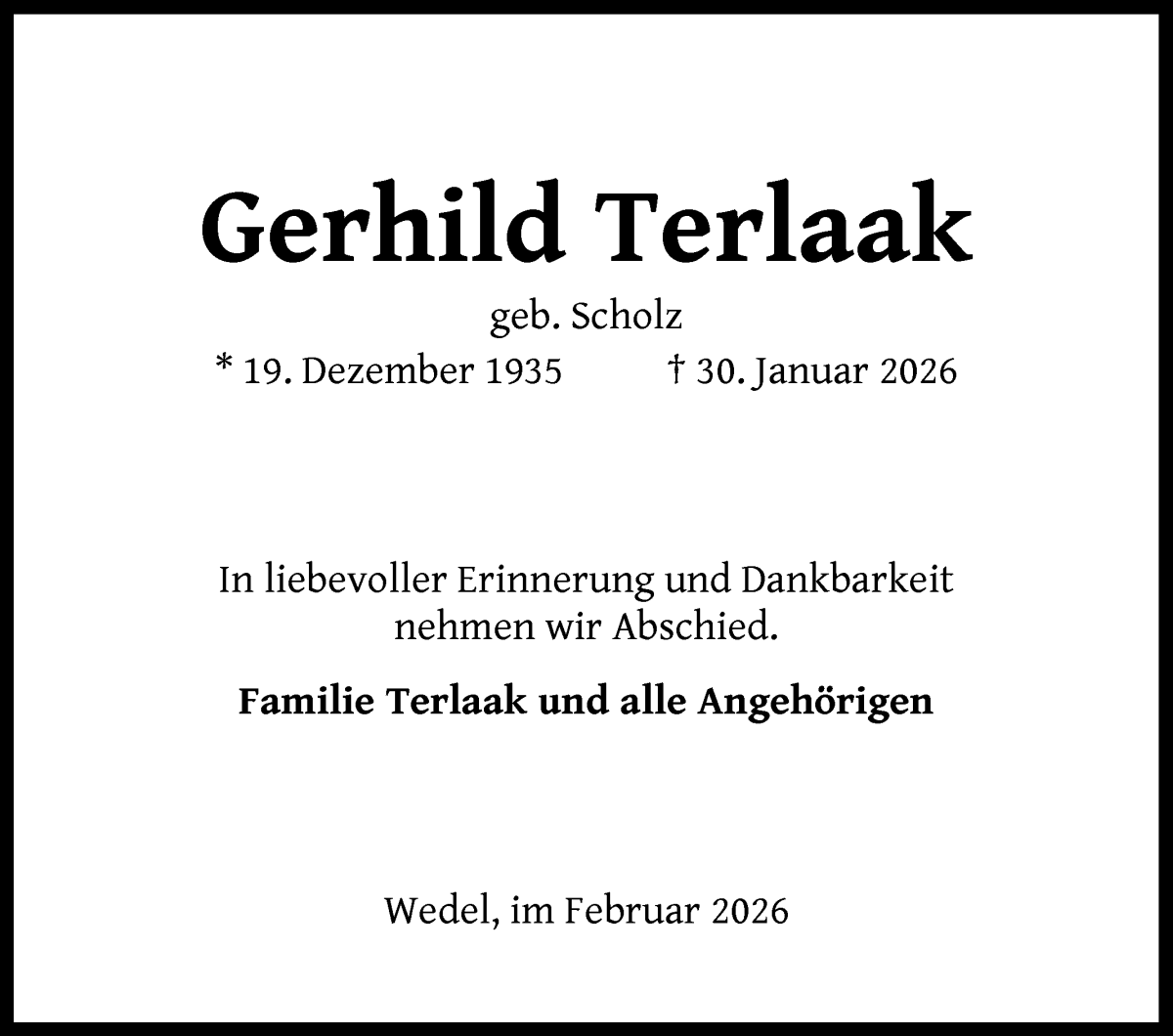 Traueranzeige von Gerhild Terlaak von Wuemme Zeitung