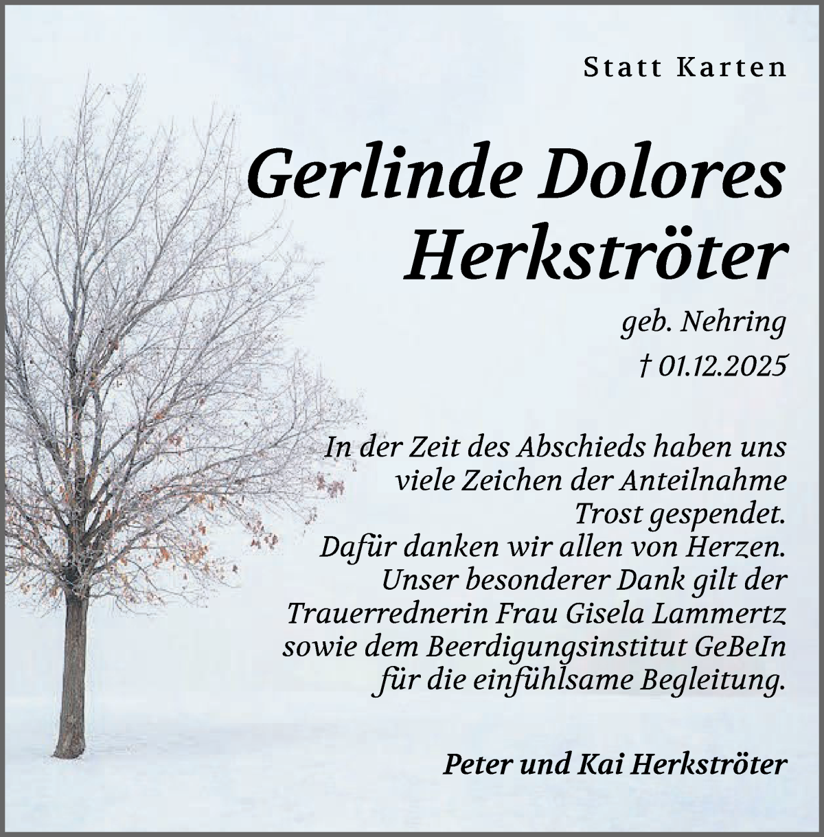 Traueranzeige von Gerlinde Dolores Herkströter von WESER-KURIER
