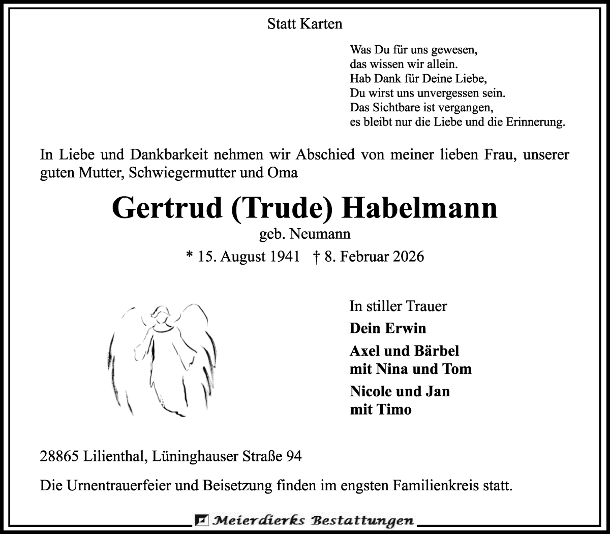 Traueranzeige von Gertrud Habelmann von Wuemme Zeitung