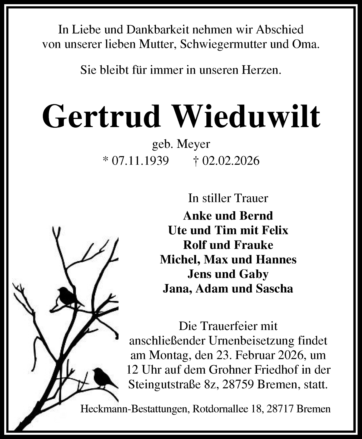 Traueranzeige von Gertrud Wieduwilt von Die Norddeutsche