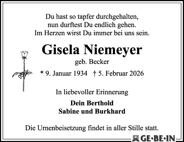 Traueranzeige von Gisela Niemeyer von WESER-KURIER
