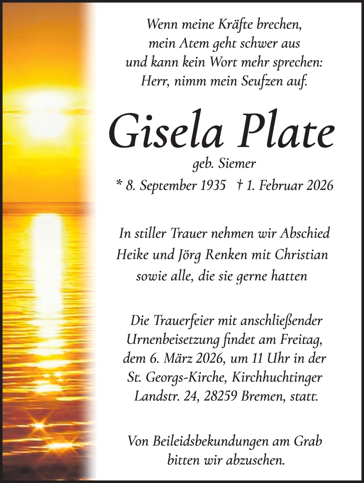 Traueranzeige von Gisela Plate von WESER-KURIER