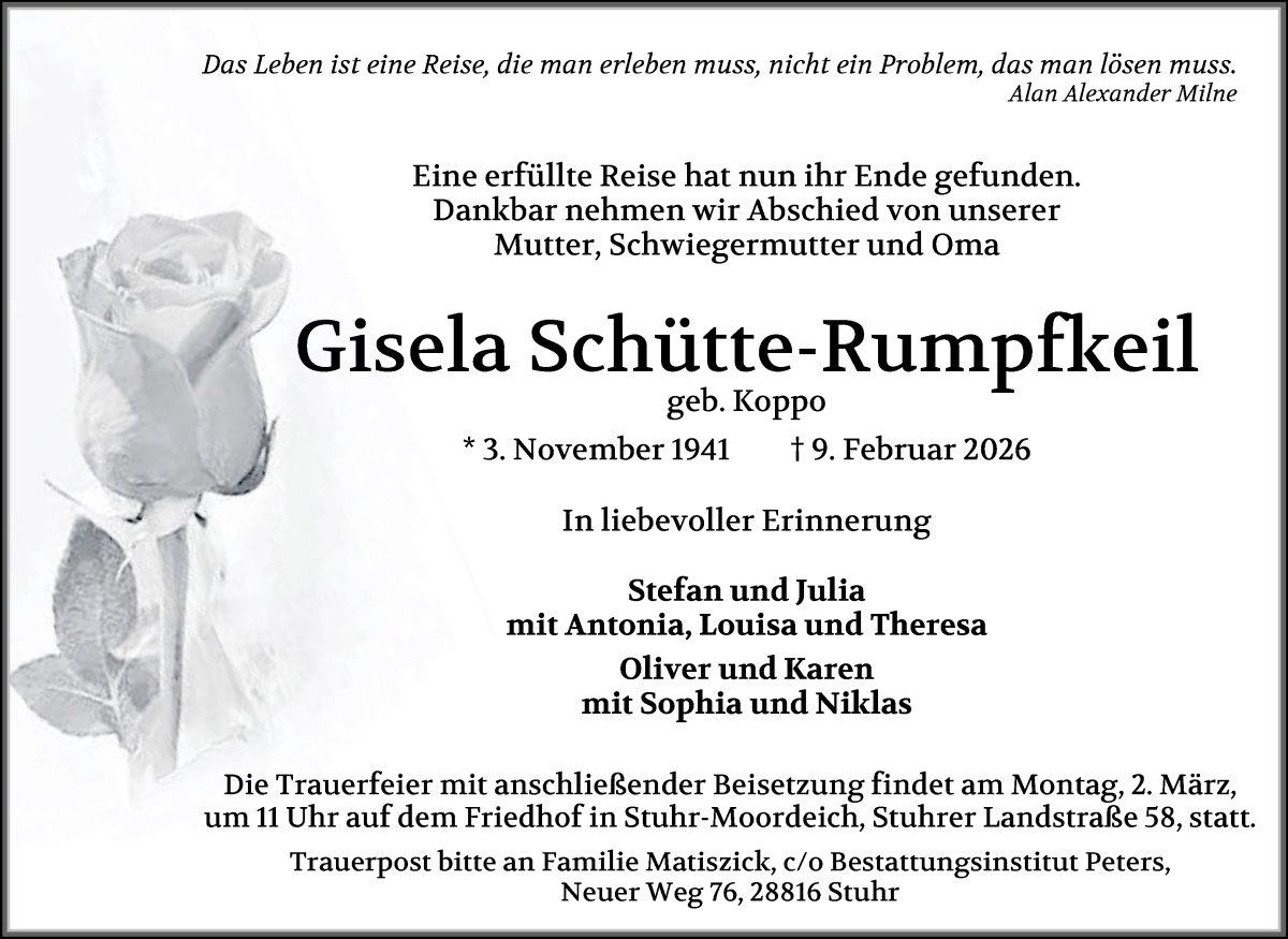 Traueranzeige von Gisela Schütte-Rumpfkeil von WESER-KURIER