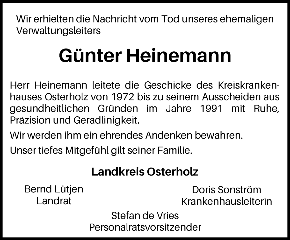 Traueranzeige von Günter Heinemann von Osterholzer Kreisblatt