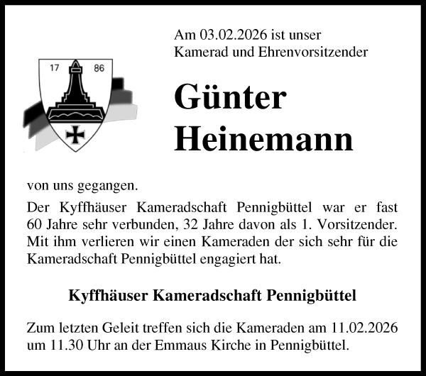 Traueranzeige von Günter Heinemann von Osterholzer Kreisblatt