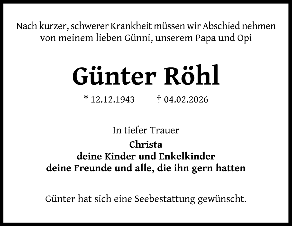 Traueranzeige von Günter Röhl von WESER-KURIER