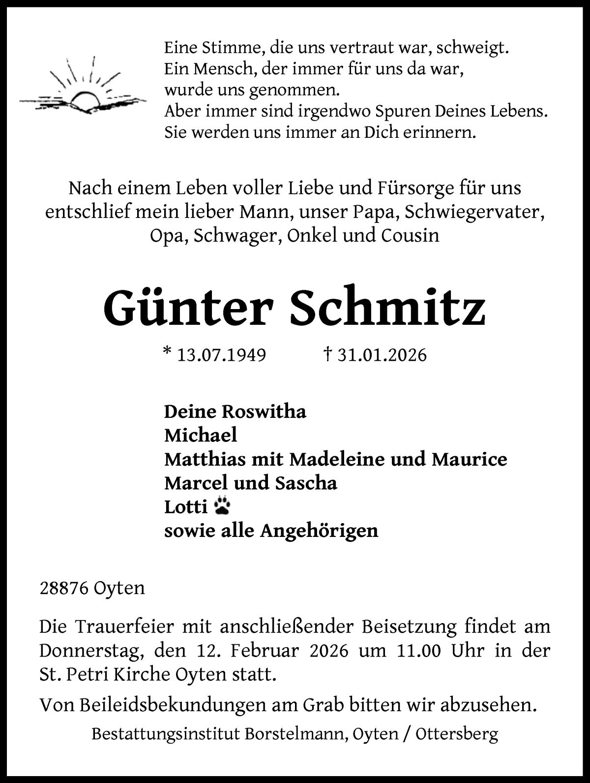 Traueranzeige von Günter Schmitz von WESER-KURIER