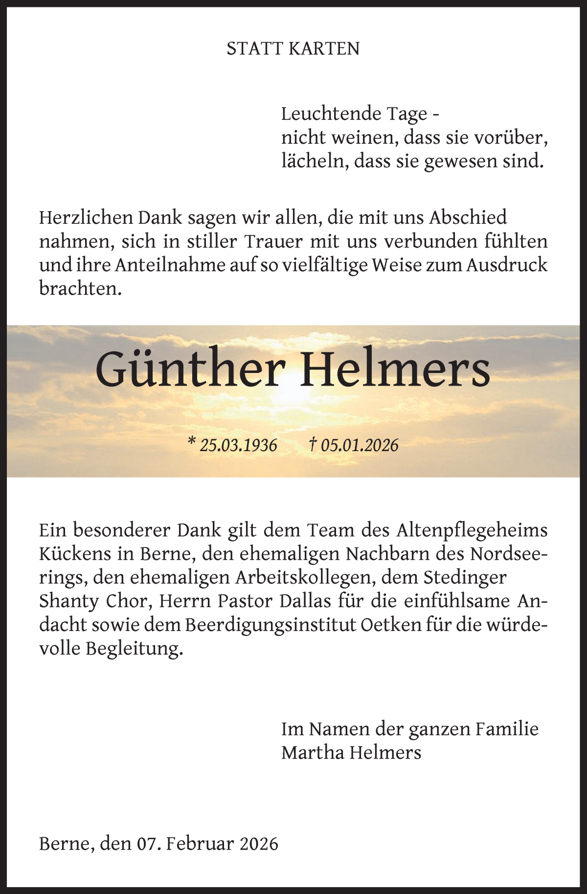 Traueranzeige von Günther Helmers von Die Norddeutsche