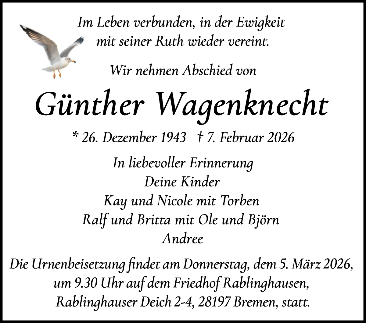 Traueranzeige von Günther Wagenknecht von WESER-KURIER