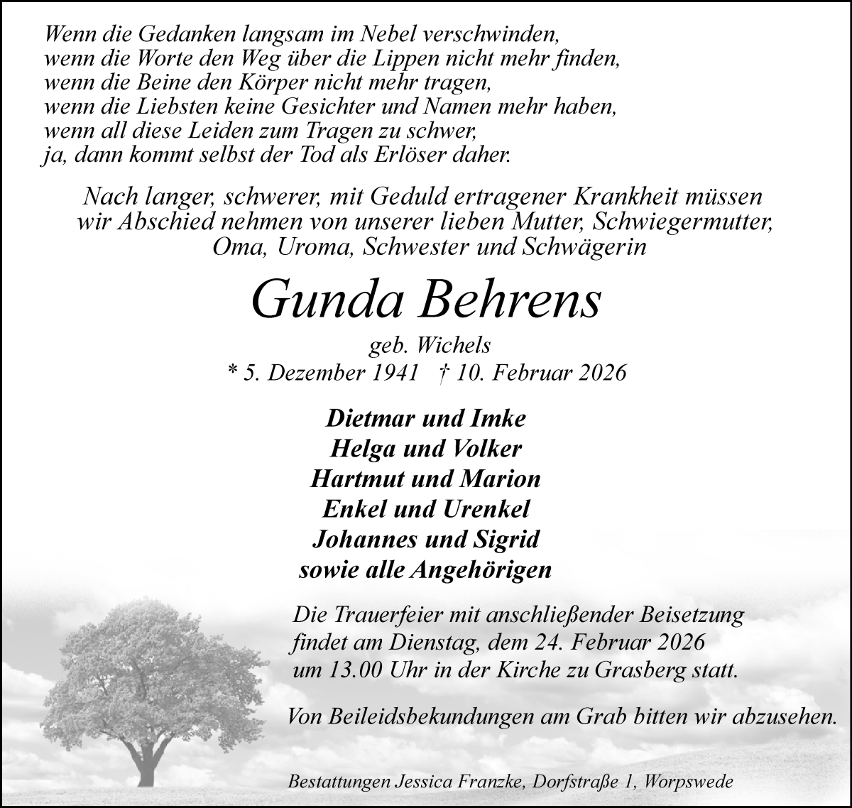 Traueranzeige von Gunda Behrens von Wuemme Zeitung