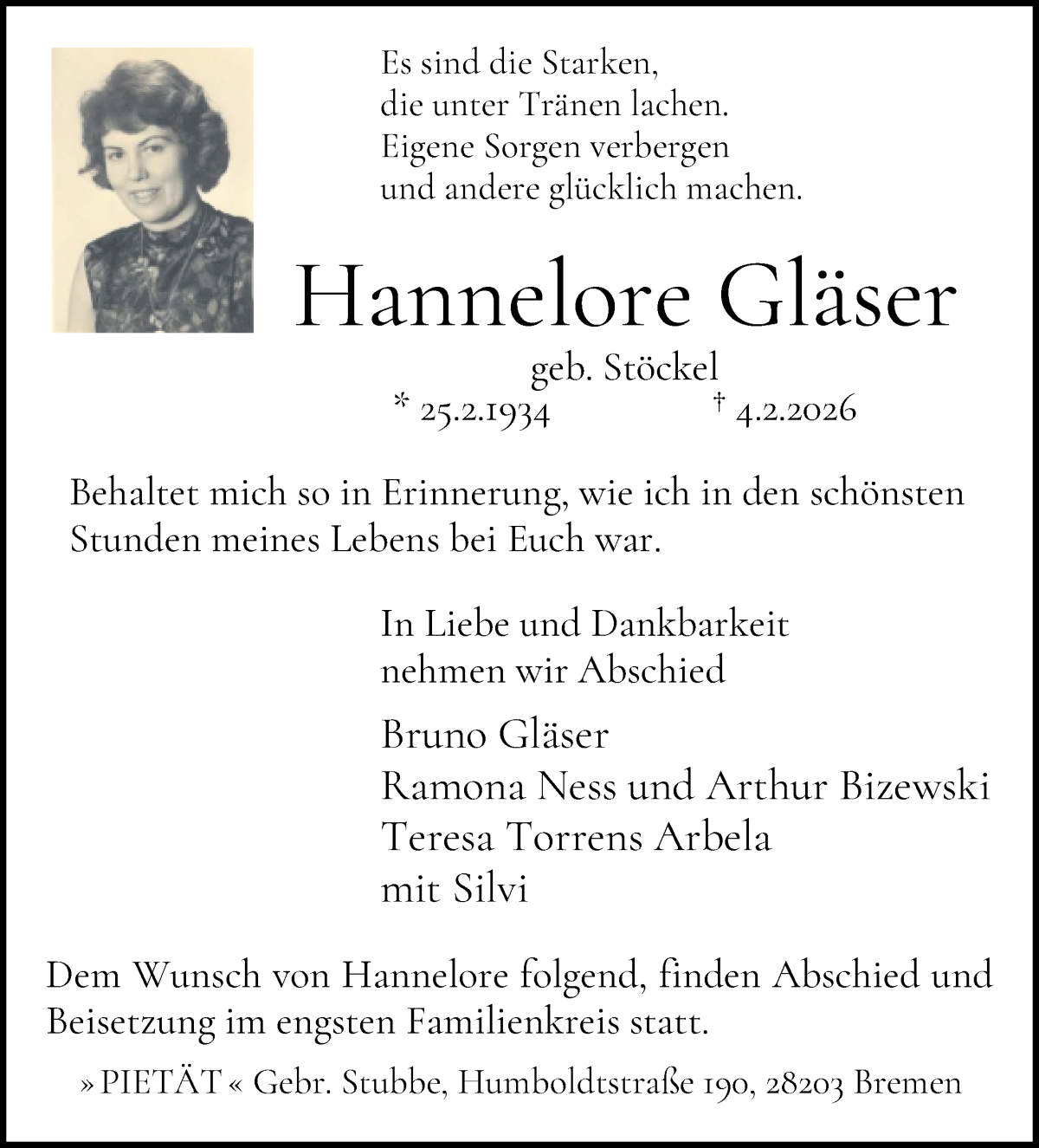 Traueranzeige von Hannelore Gläser von WESER-KURIER