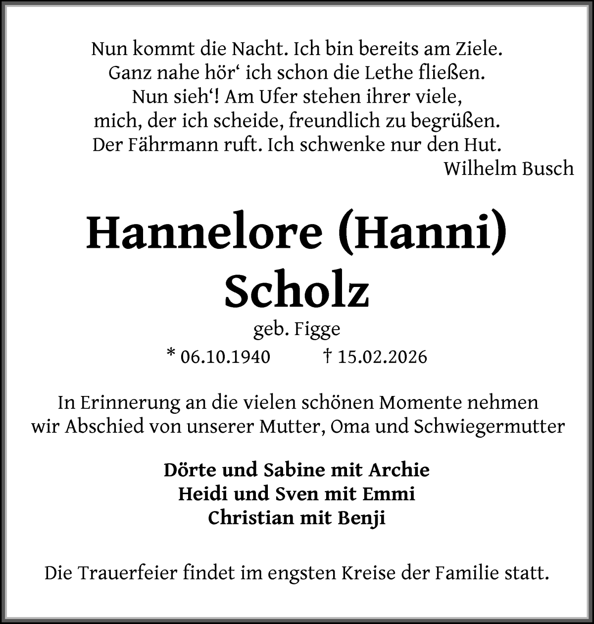 Traueranzeige von Hannelore Scholz von WESER-KURIER