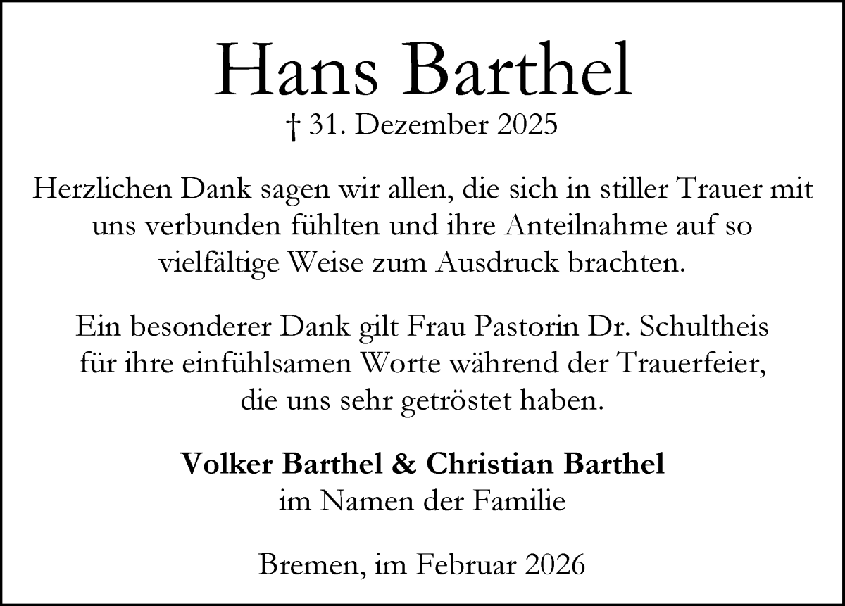 Traueranzeige von Hans Barthel von WESER-KURIER