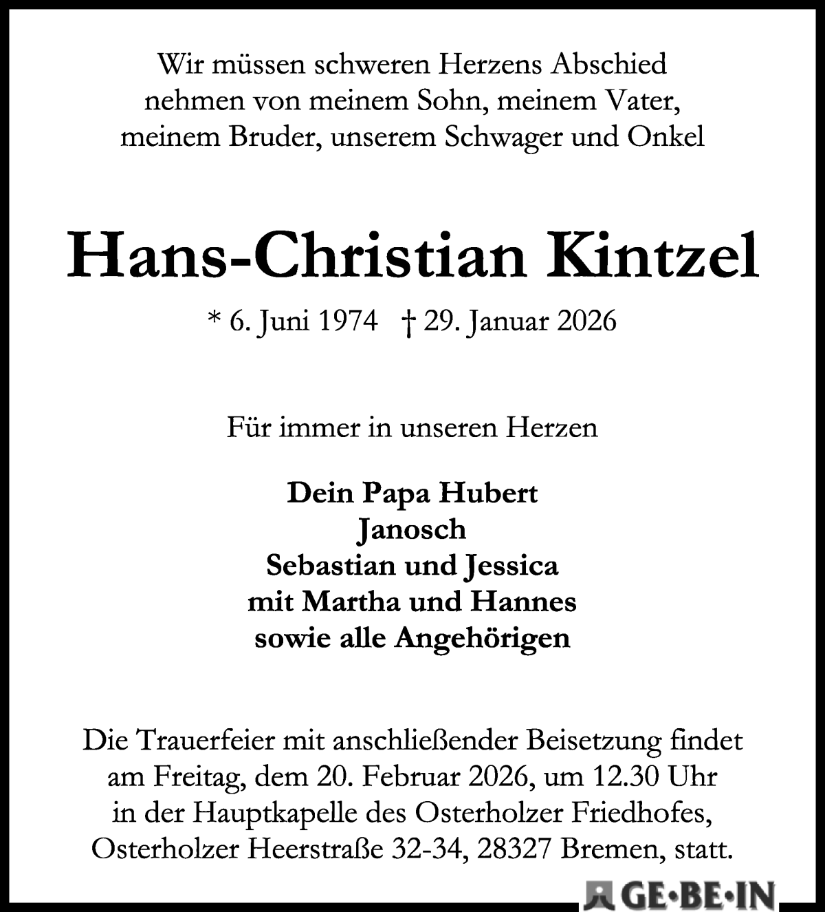 Traueranzeige von Hans-Christian Kintzel von WESER-KURIER