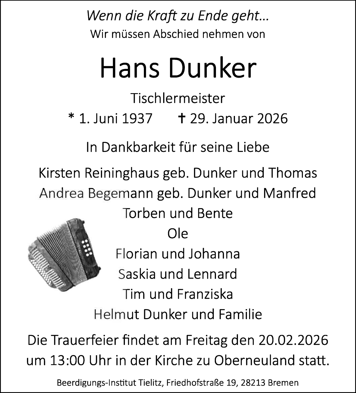 Traueranzeige von Hans Dunker von WESER-KURIER