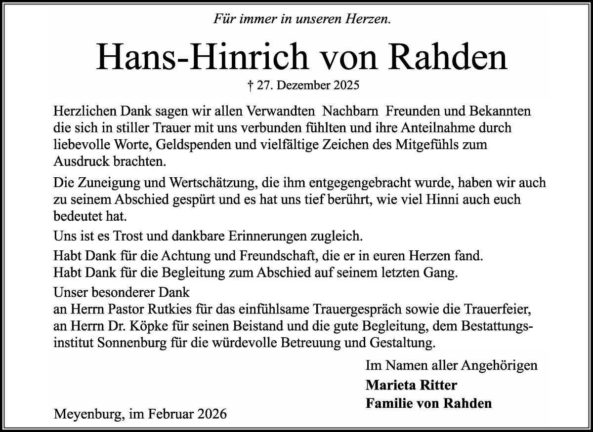 Traueranzeige von Hans-Hinrich von Rahden von Die Norddeutsche
