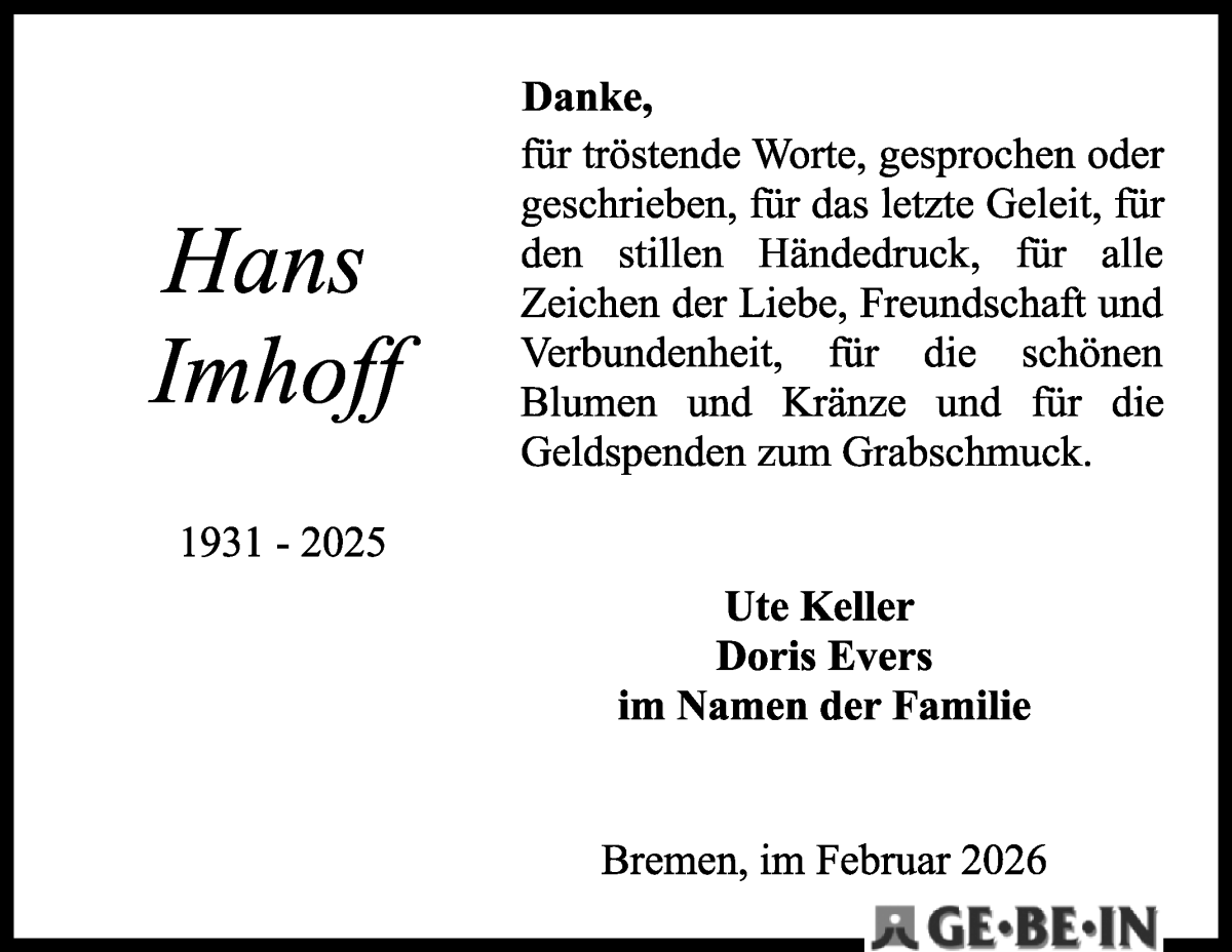 Traueranzeige von Hans Imhoff von WESER-KURIER