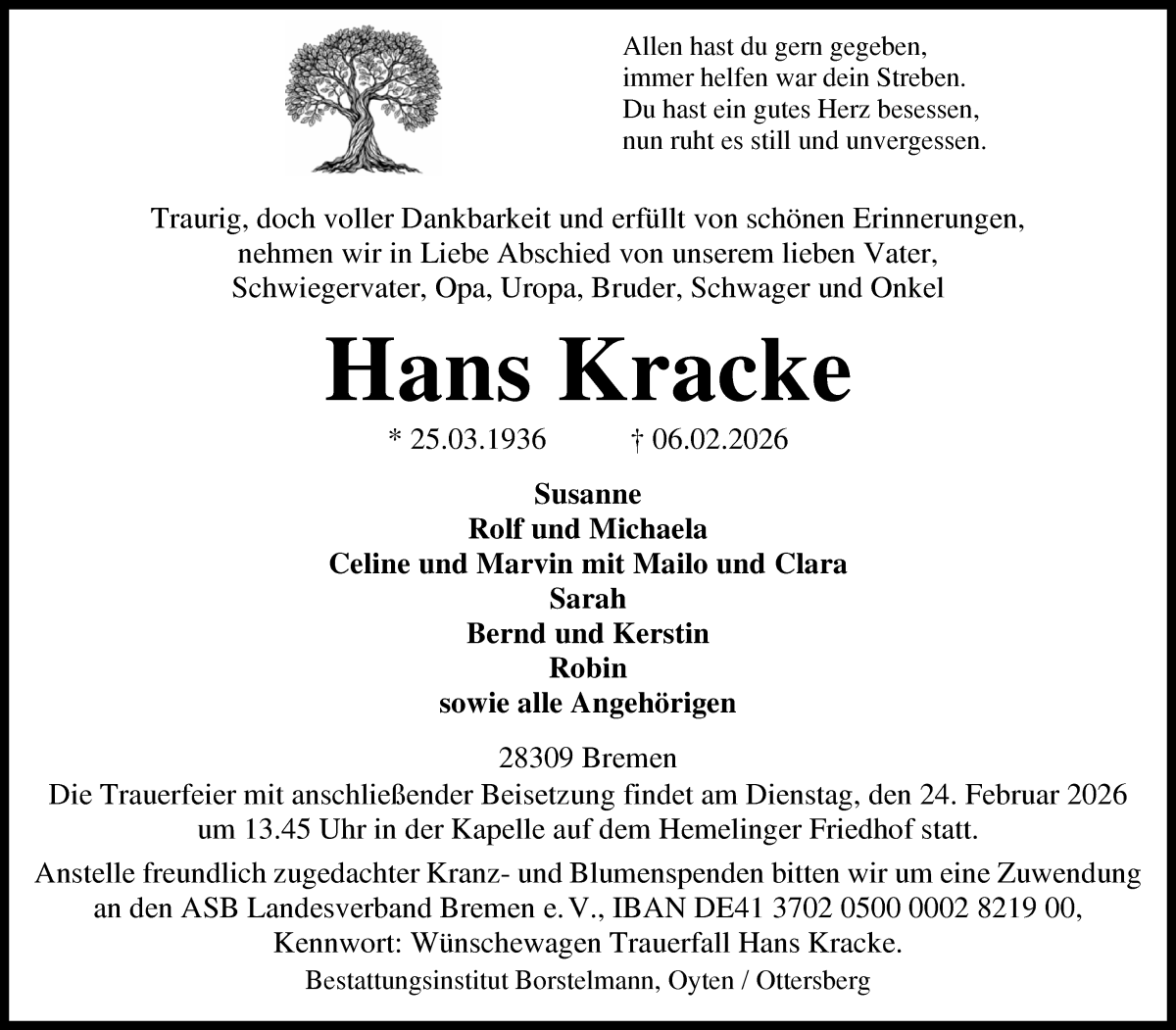 Traueranzeige von Hans Kracke von WESER-KURIER