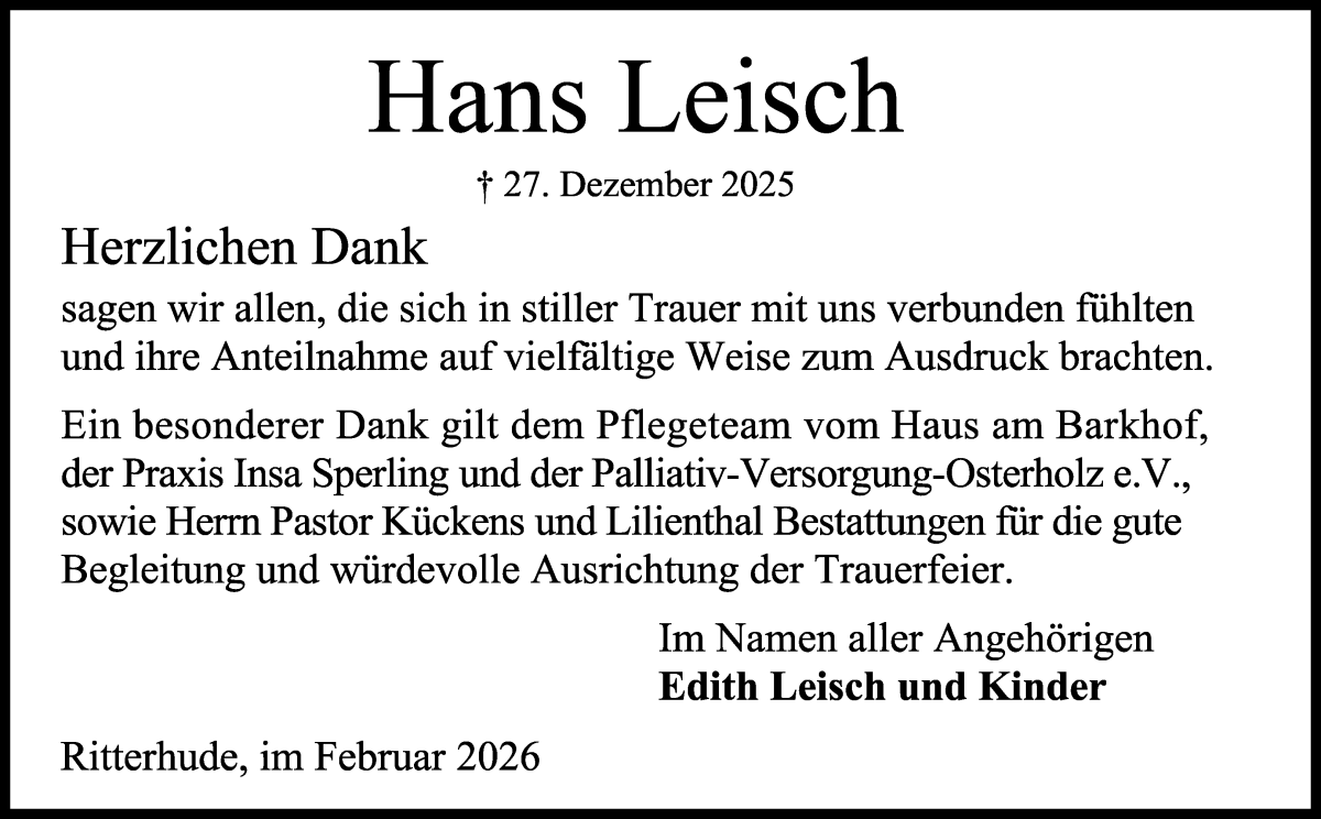 Traueranzeige von Hans Leisch von Osterholzer Kreisblatt