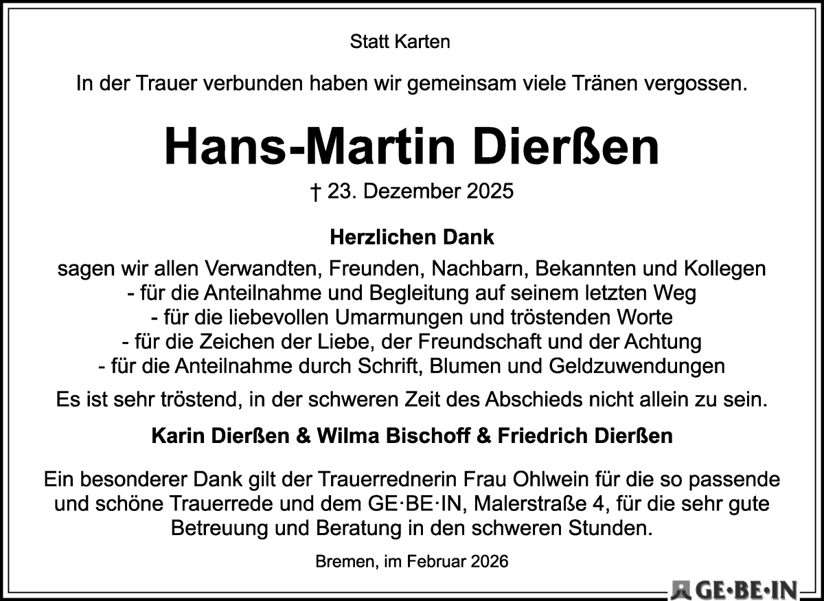 Traueranzeige von Hans-Martin Dierßen von WESER-KURIER