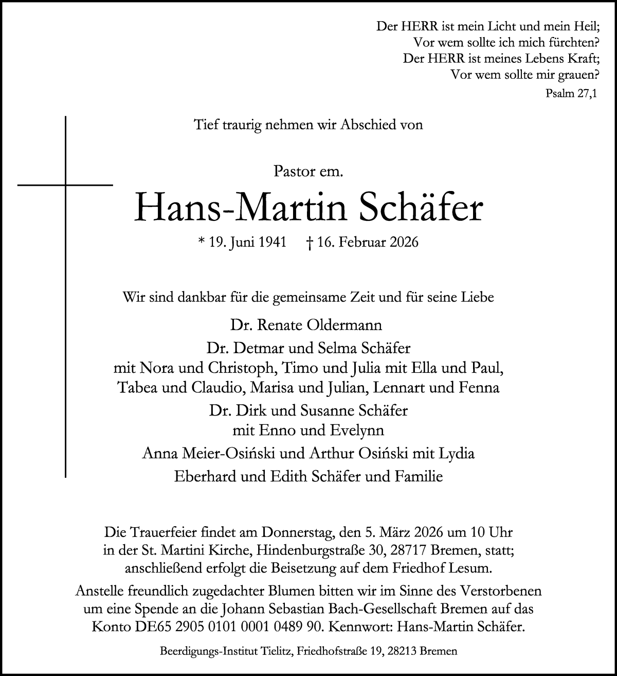 Traueranzeige von Hans-Martin Schäfer von WESER-KURIER