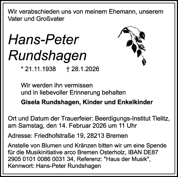 Traueranzeige von Hans-Peter Rundshagen von WESER-KURIER