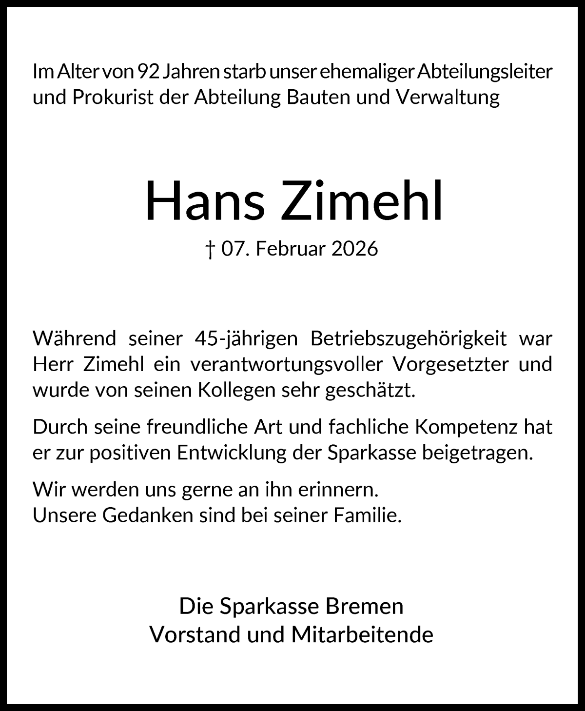 Traueranzeige von Hans Zimehl von WESER-KURIER