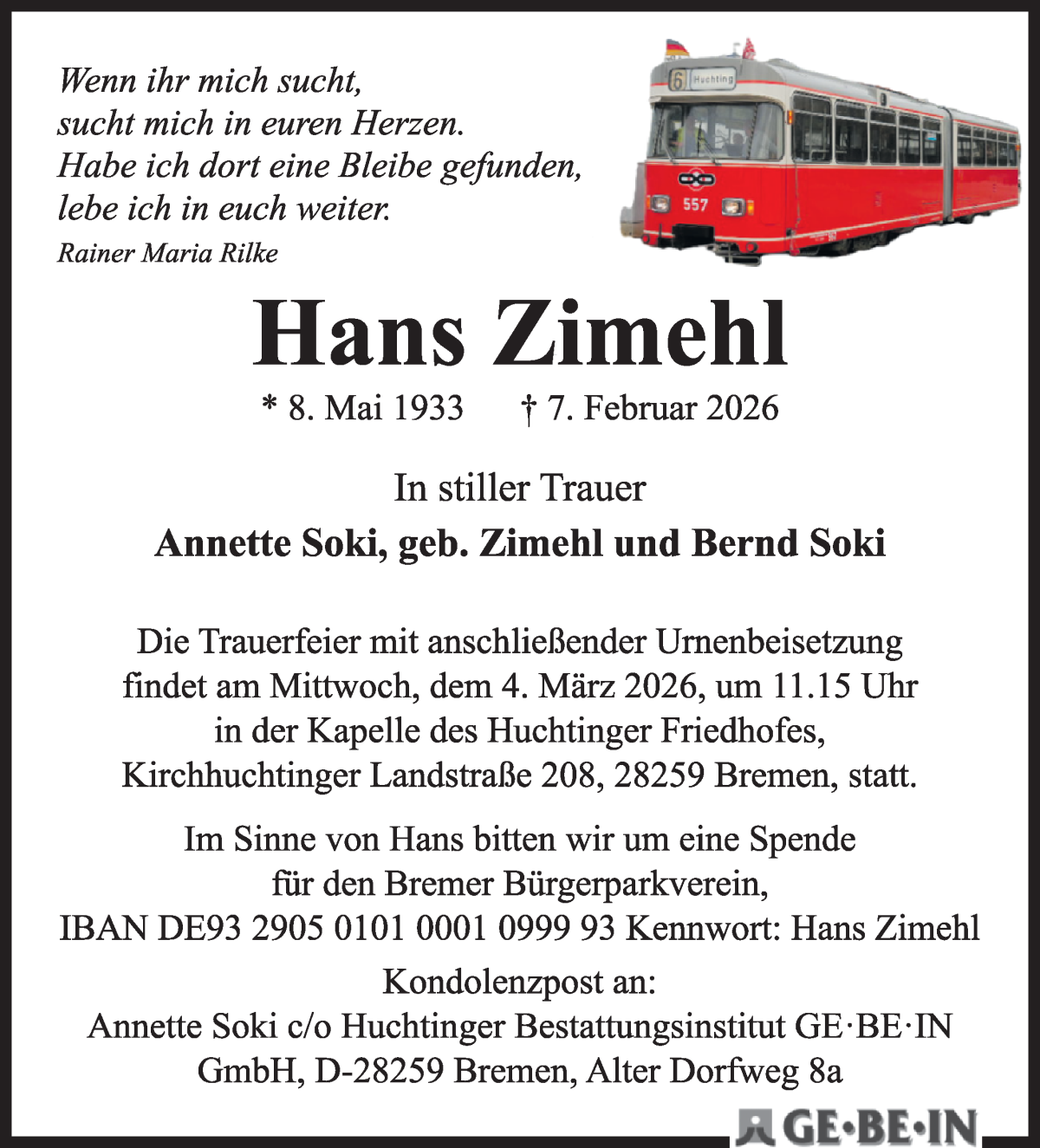 Traueranzeige von Hans Zimehl von WESER-KURIER