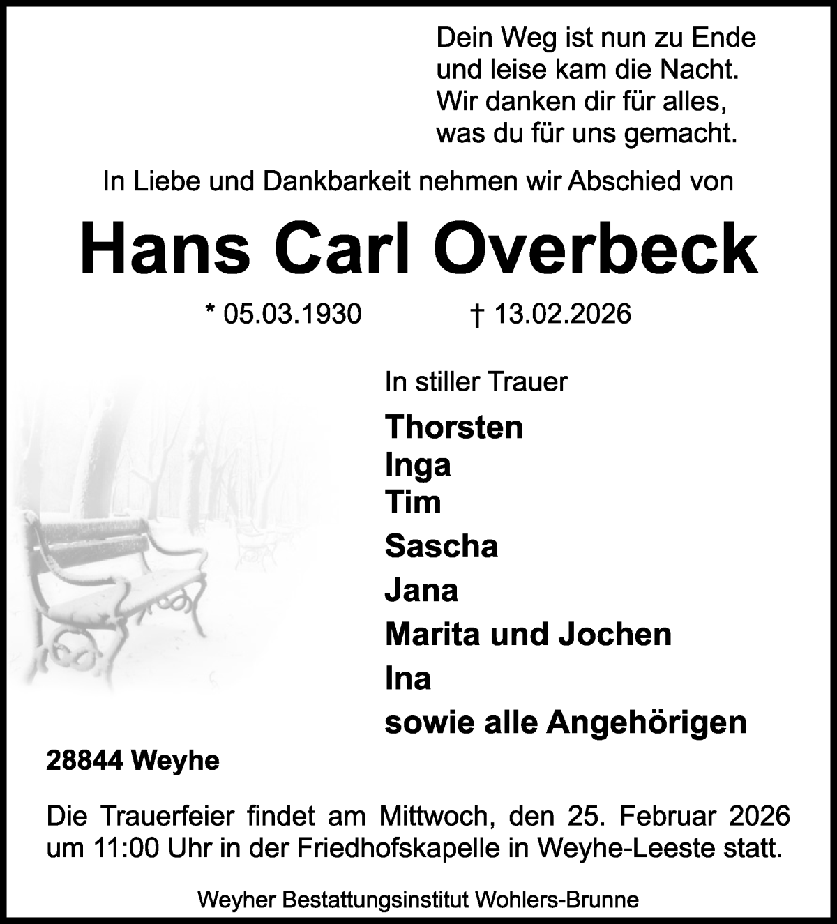 Traueranzeige von Hans Carl Overbeck von Regionale Rundschau/Syker Kurier