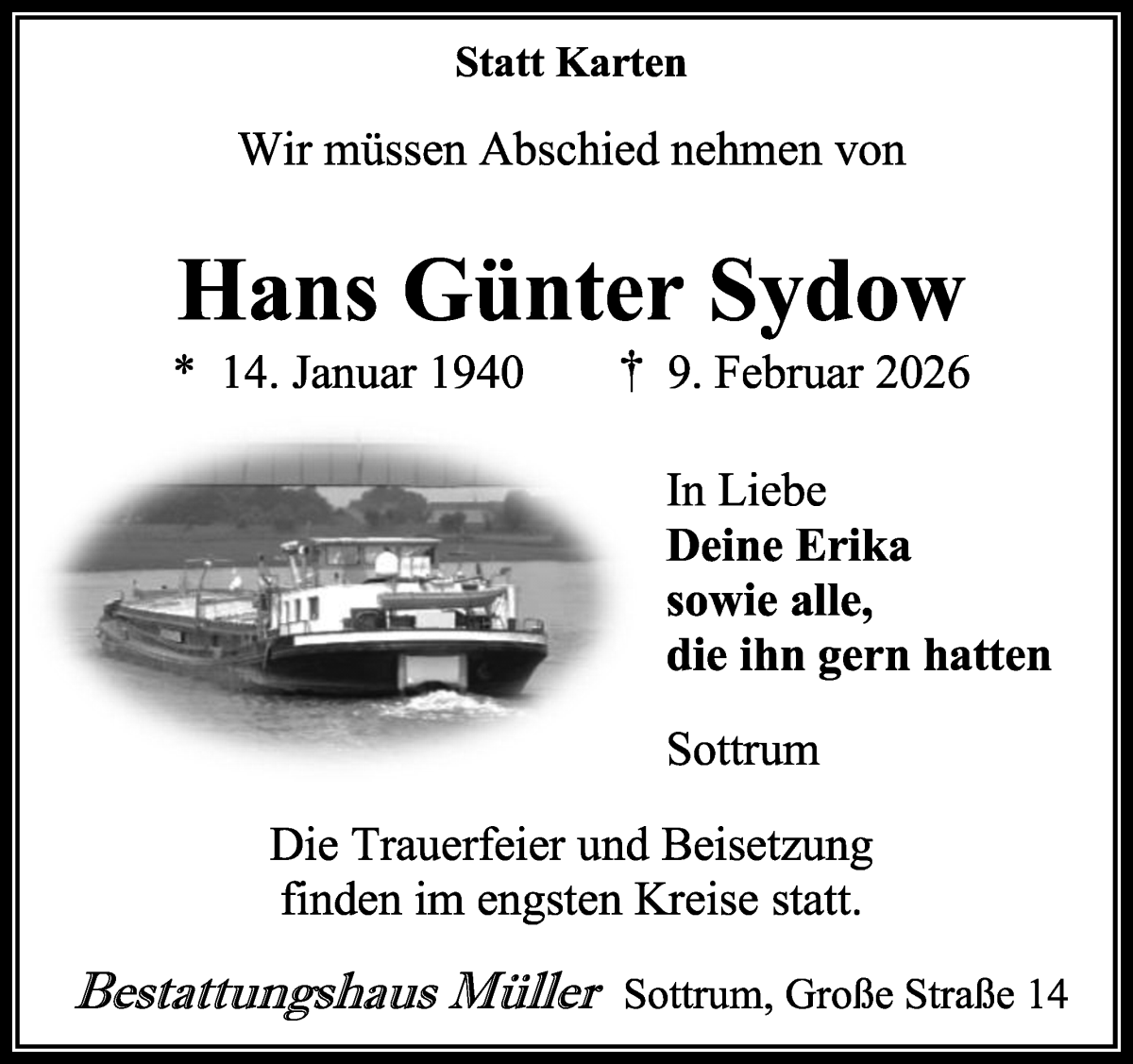 Traueranzeige von Hans Günter Sydow von WESER-KURIER