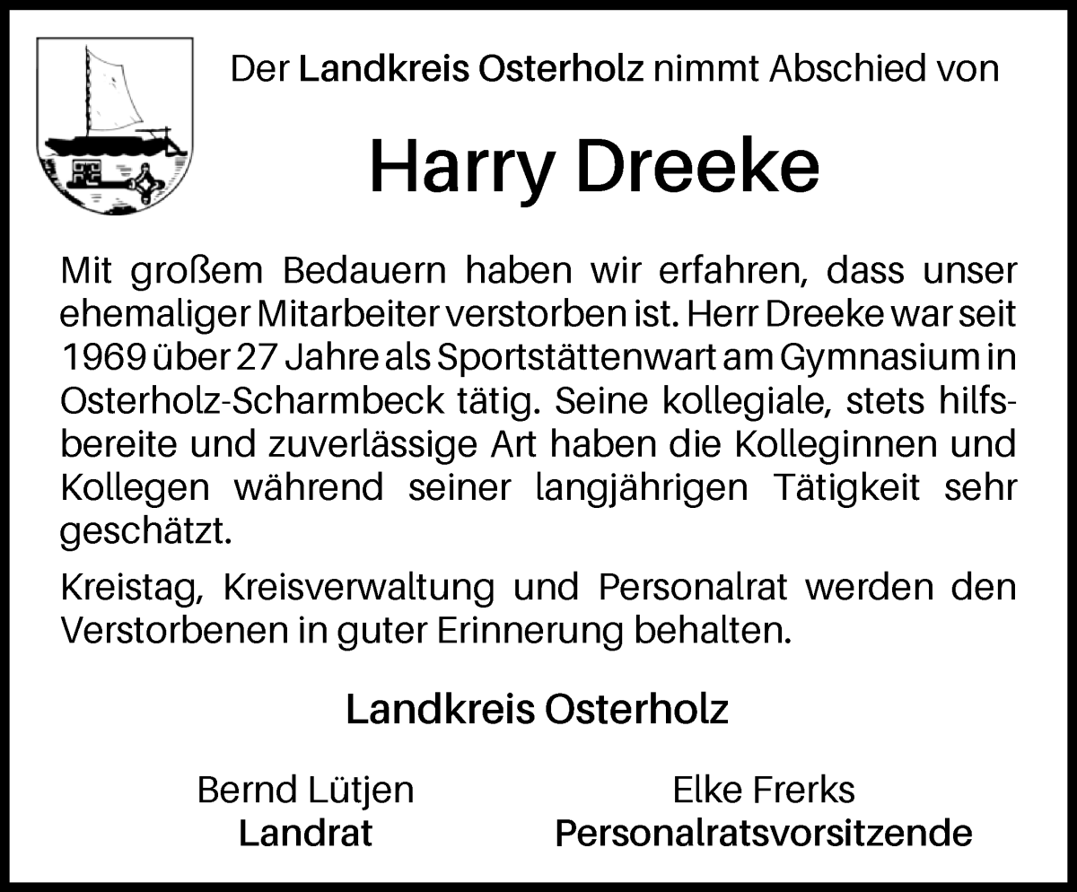Traueranzeige von Harry Dreeke von Osterholzer Kreisblatt