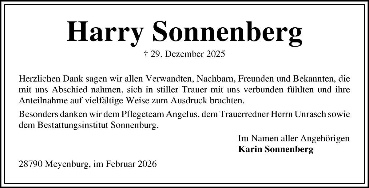 Traueranzeige von Harry Sonnenberg von Die Norddeutsche