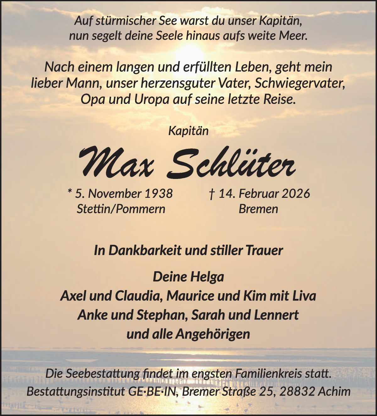 Traueranzeige von Hay Schläter von WESER-KURIER