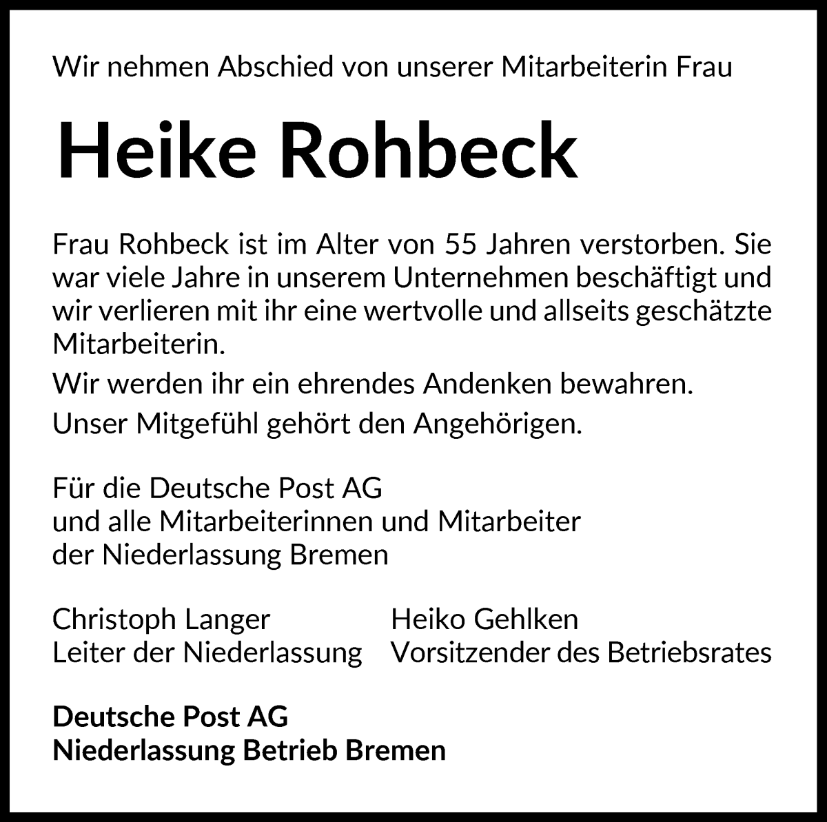 Traueranzeige von Heike Rohbeck von WESER-KURIER