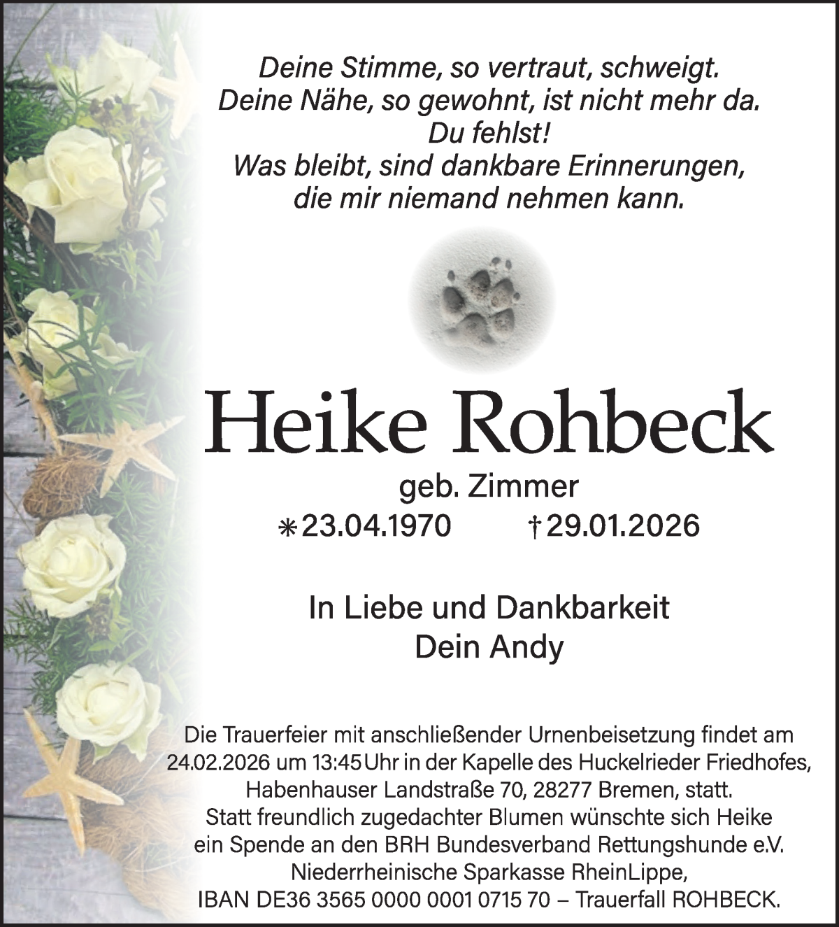 Traueranzeige von Heike Rohbeck von WESER-KURIER