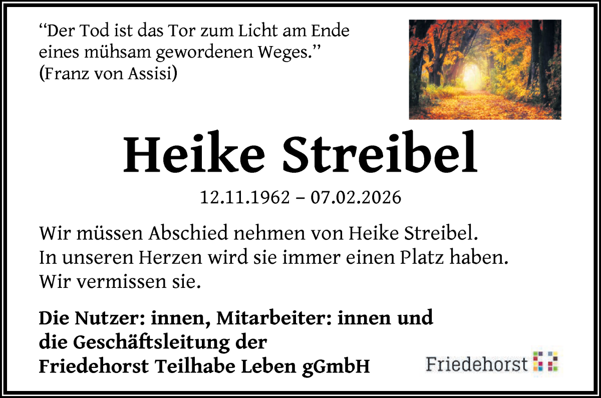 Traueranzeige von Heike Streibel von WESER-KURIER