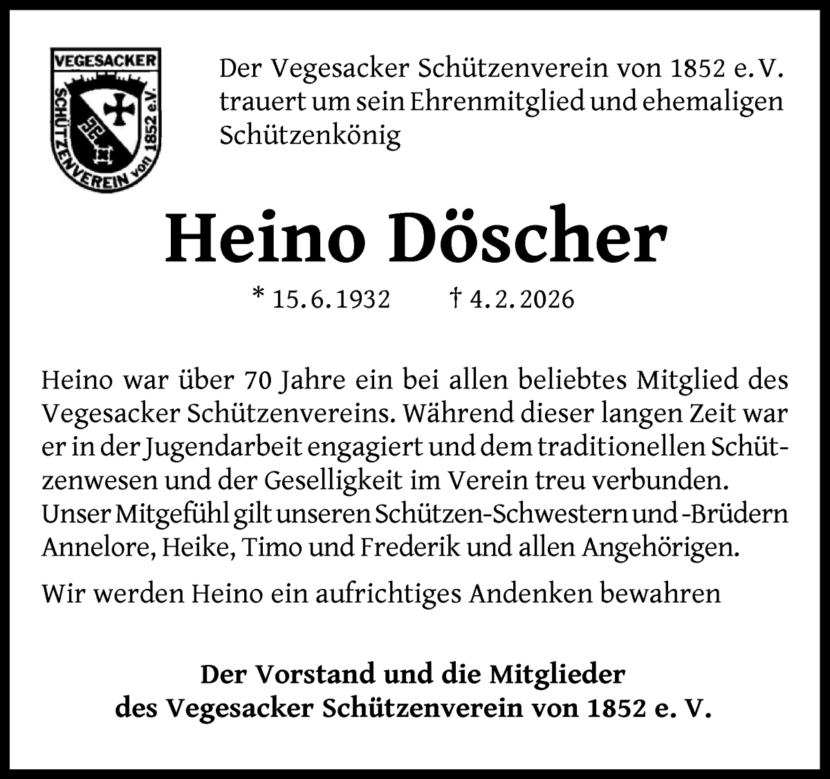 Traueranzeige von Heino Döscher von Die Norddeutsche