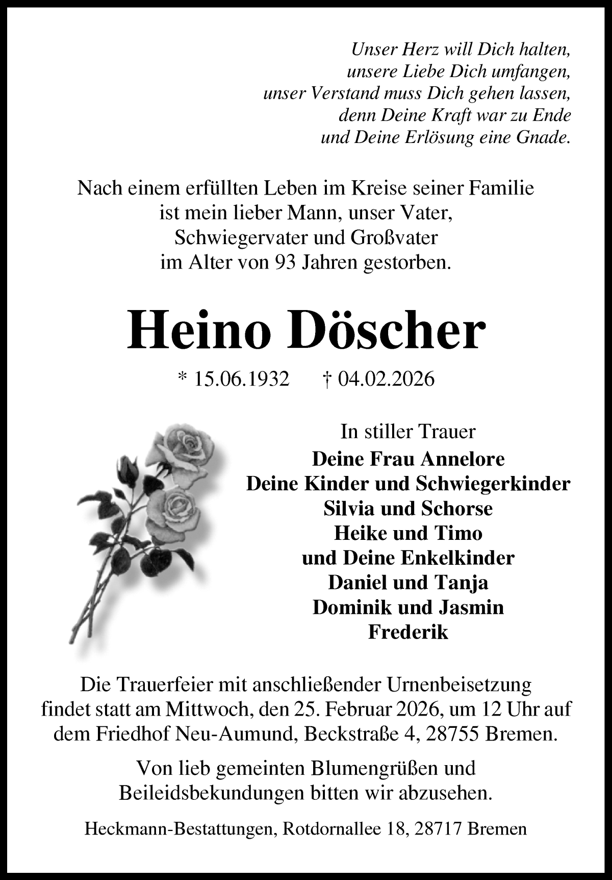 Traueranzeige von Heino Döscher von Die Norddeutsche