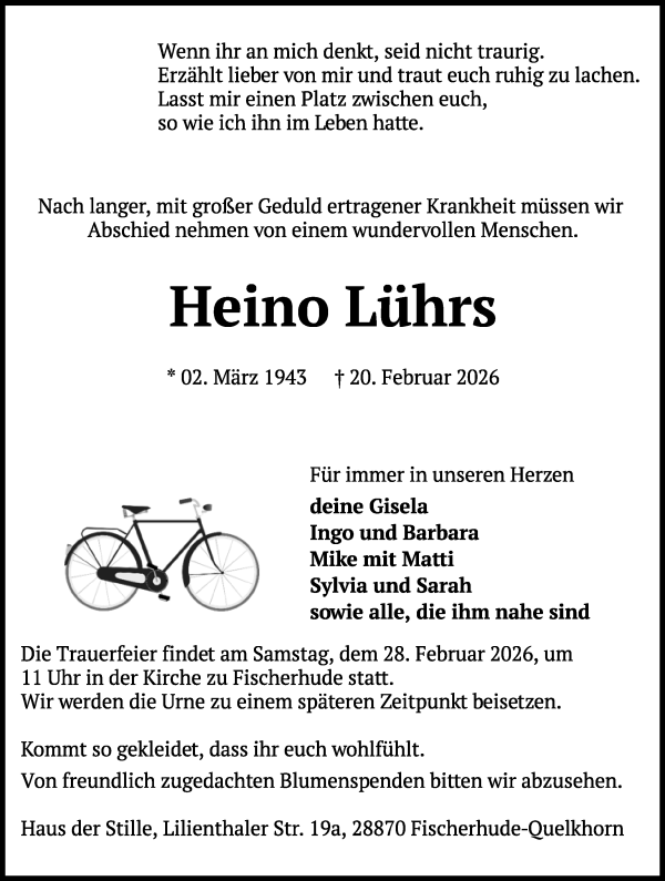 Traueranzeige von Heino Lührs von Achimer Kurier/Verdener Nachrichten