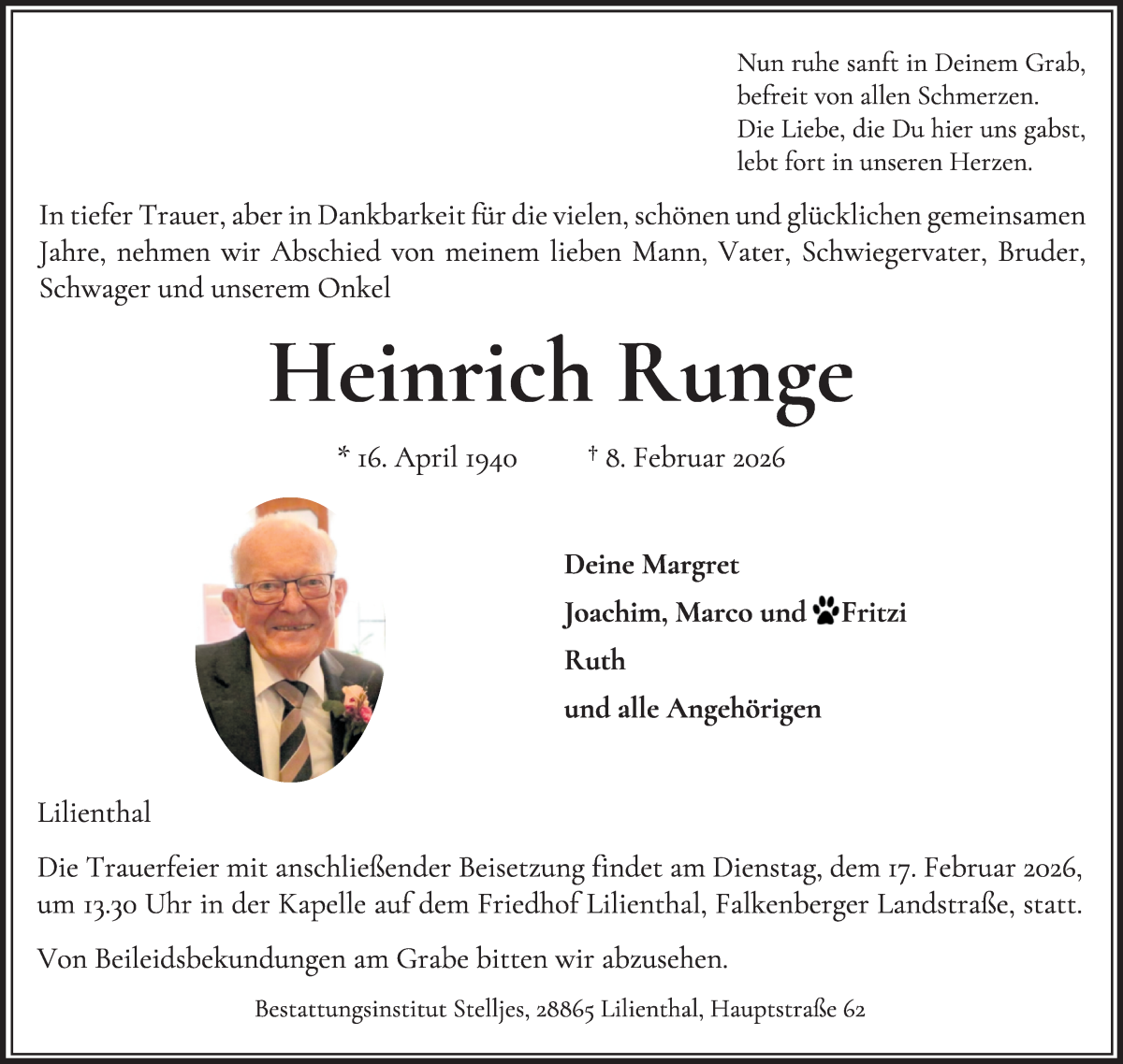 Traueranzeige von Heinrich Runge von Wuemme Zeitung