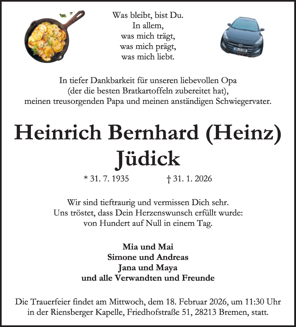 Traueranzeige von Heinrich Bernhard Jüdick von WESER-KURIER