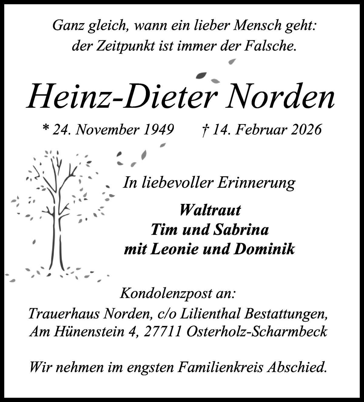 Traueranzeige von Heinz-Dieter Norden von Osterholzer Kreisblatt