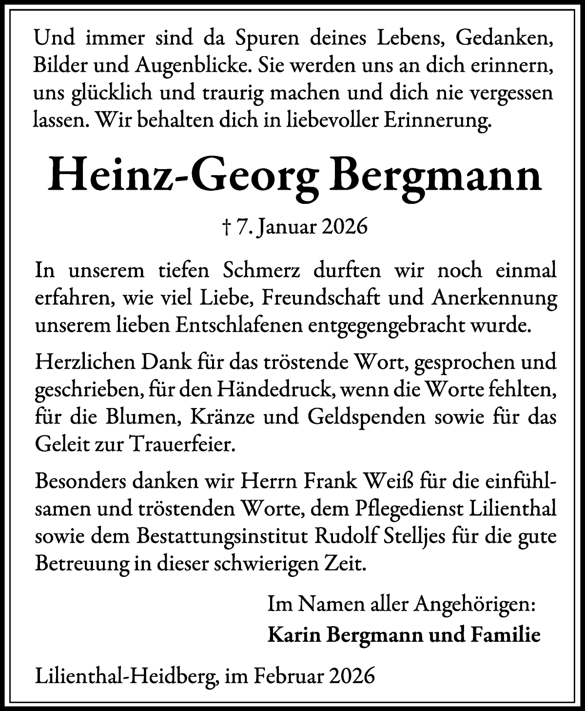 Traueranzeige von Heinz-Georg Bergmann von Wuemme Zeitung