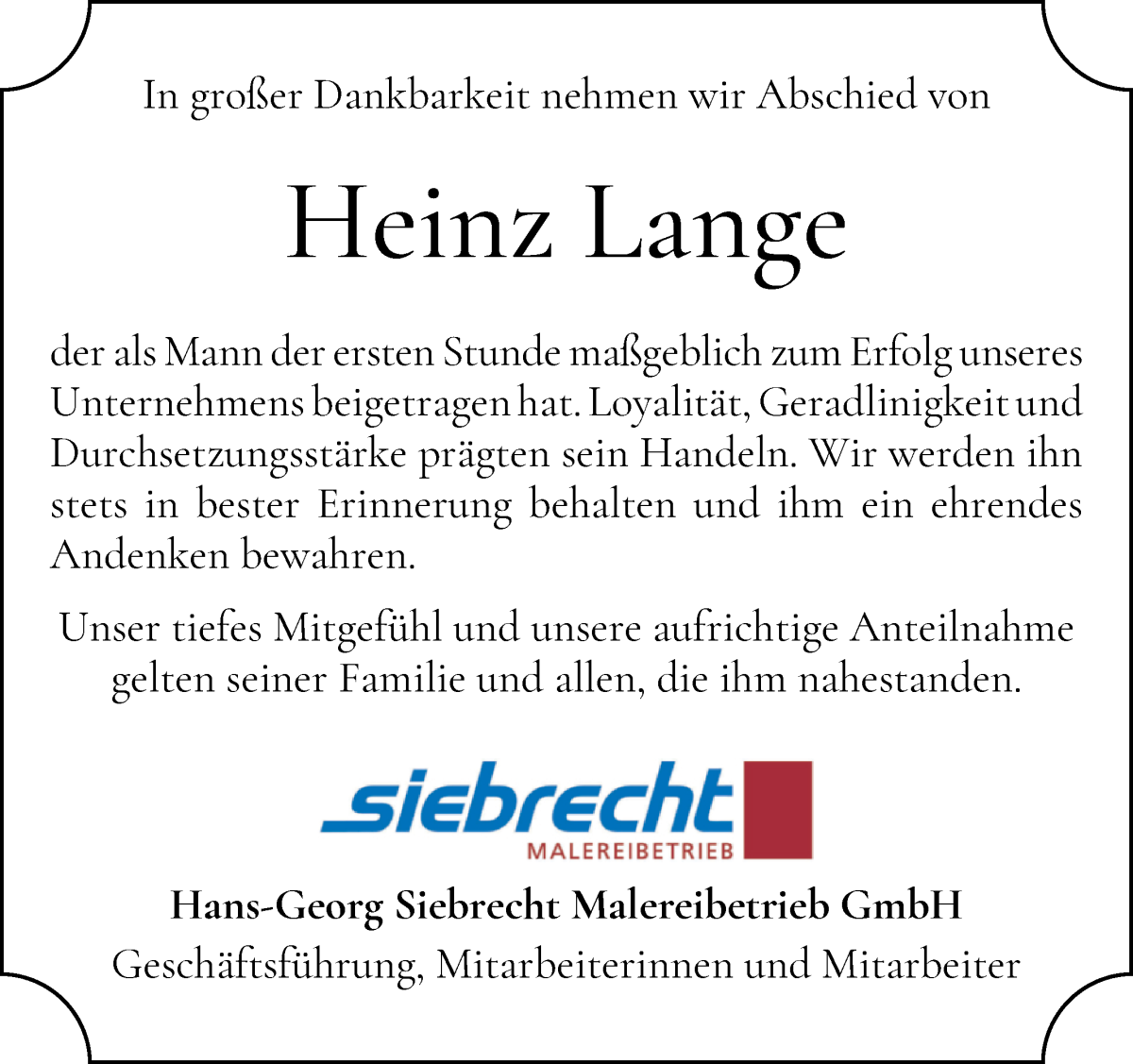 Traueranzeige von Heinz Lange von WESER-KURIER