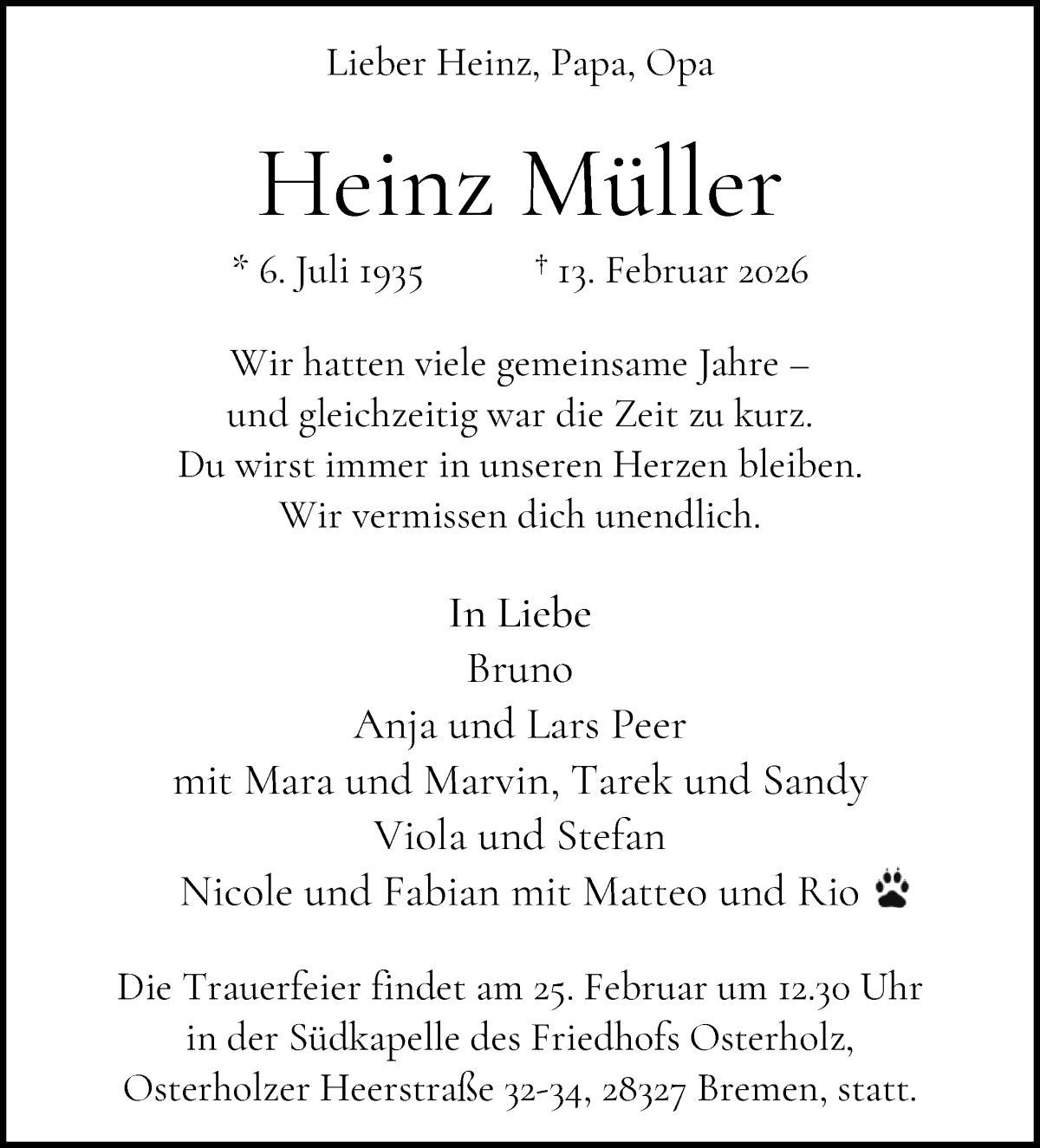 Traueranzeige von Heinz Müller von WESER-KURIER